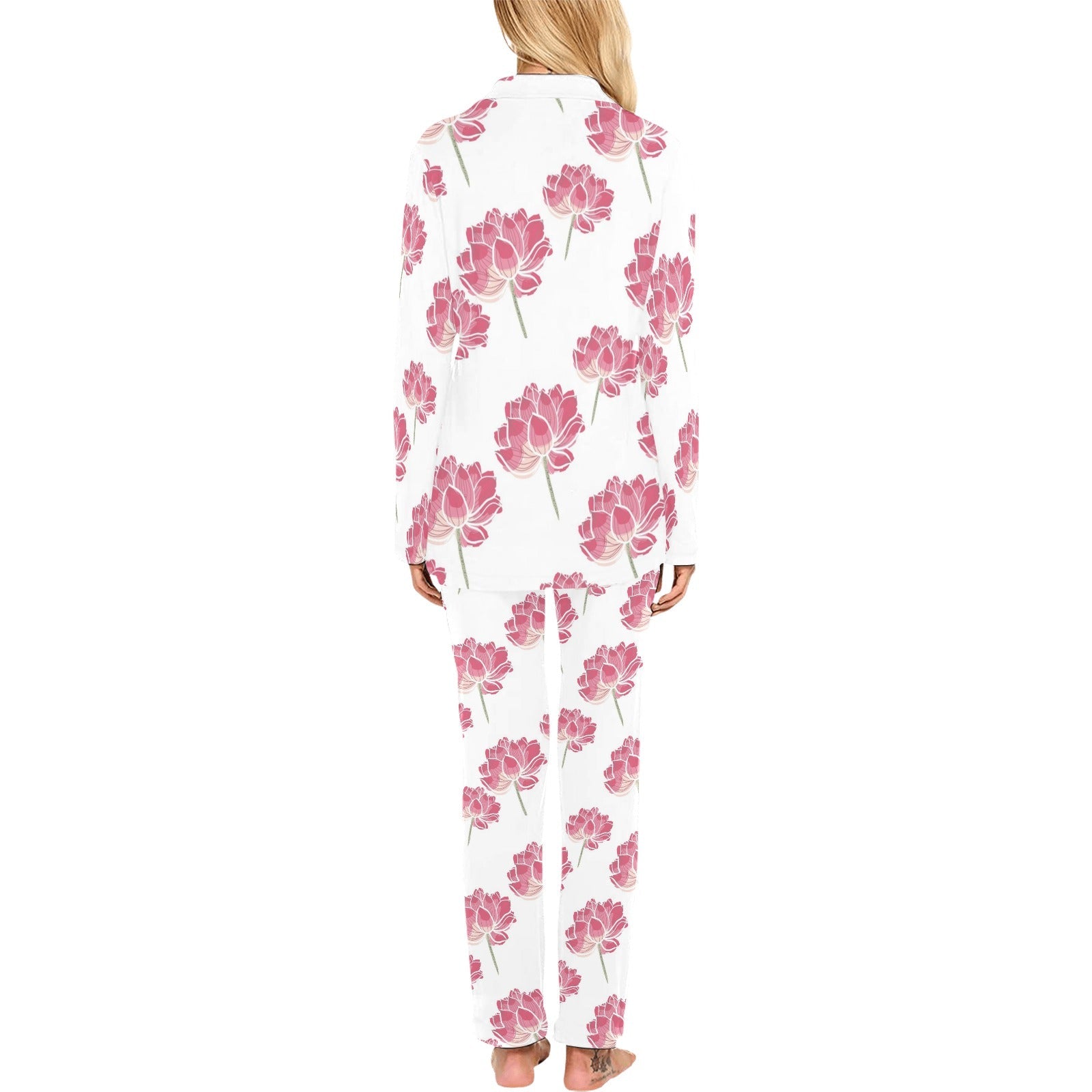 Pink lotus waterlily pattern Women's Long Pajama Set