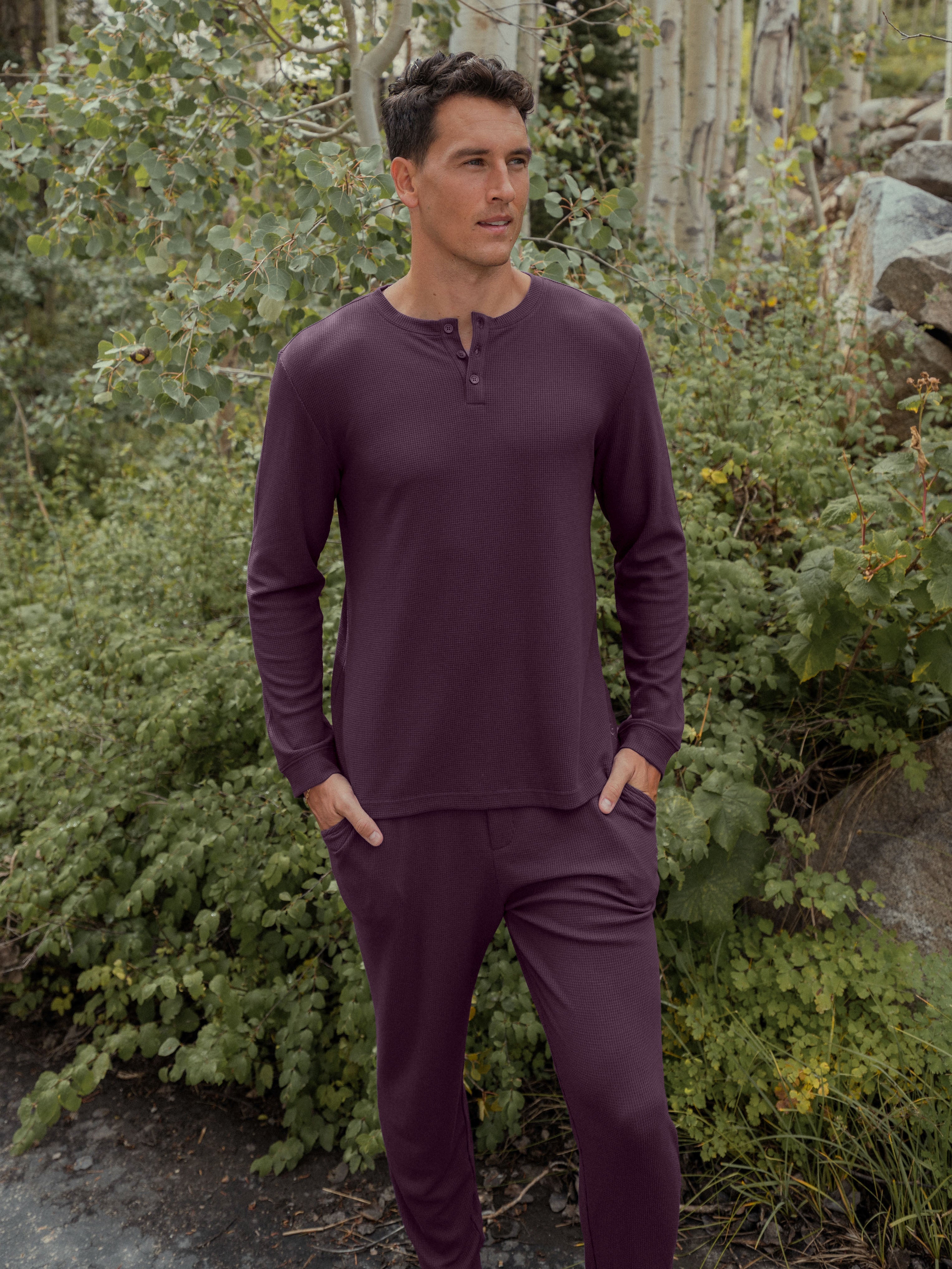 Men's Bamboo Waffle Knit Long Sleeve Henley - Last Chance