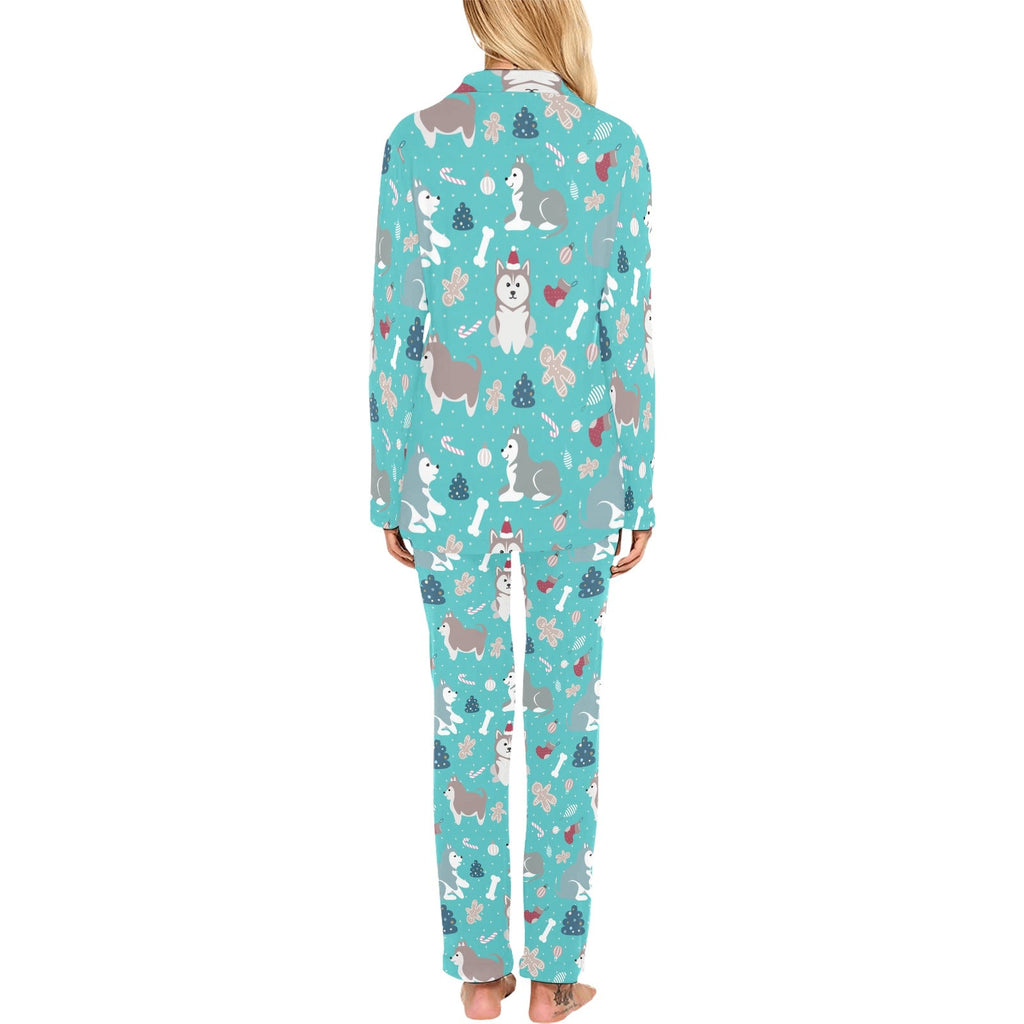 Christmas cute siberian husky puppie pattern Women's Long Pajama Set