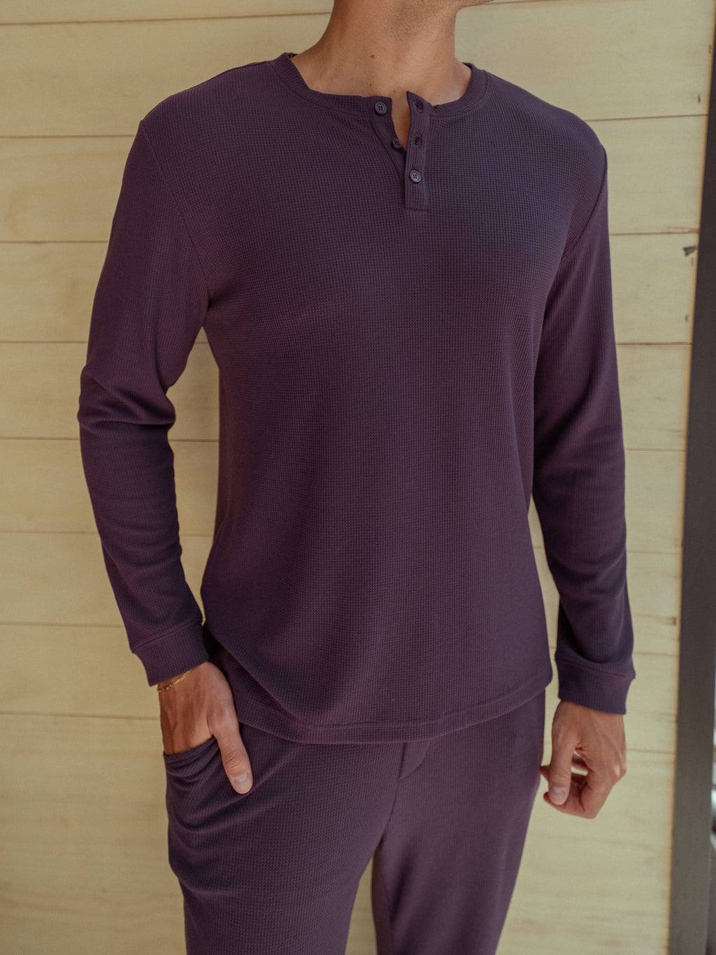Men's Bamboo Waffle Knit Long Sleeve Henley - Last Chance