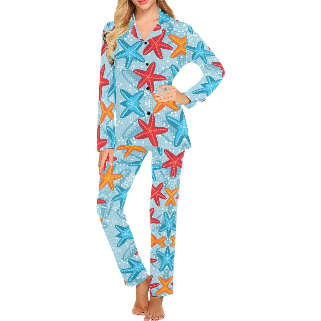 Blue red orange starfish pattern Women's Long Pajama Set