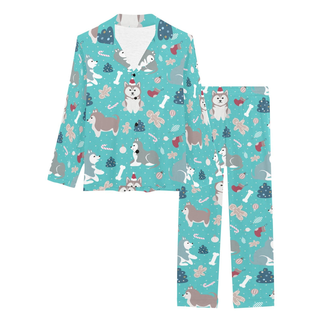 Christmas cute siberian husky puppie pattern Women's Long Pajama Set