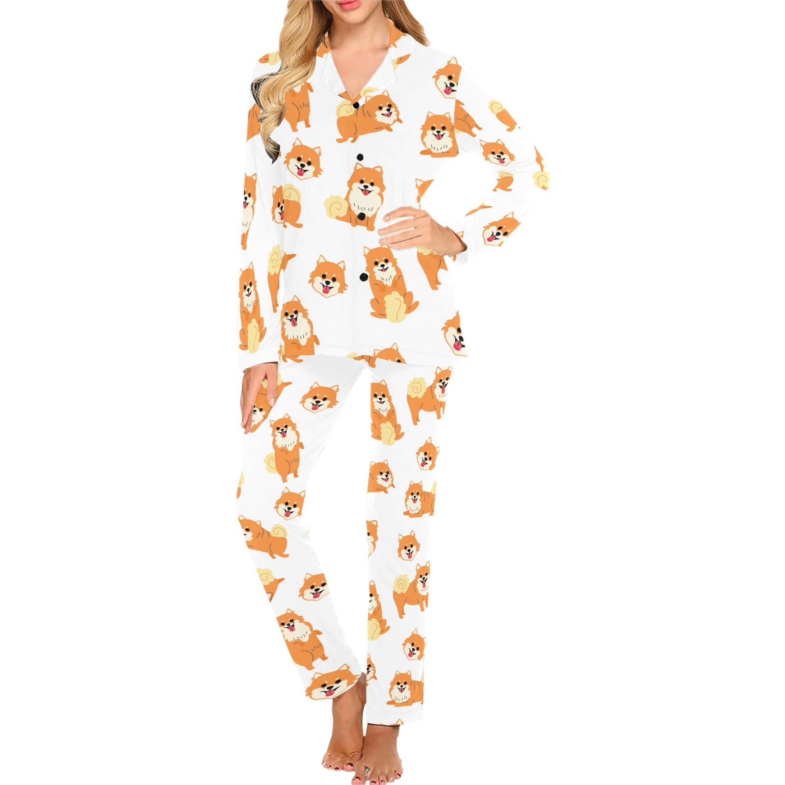 Brown pomeranian pattern Women's Long Pajama Set