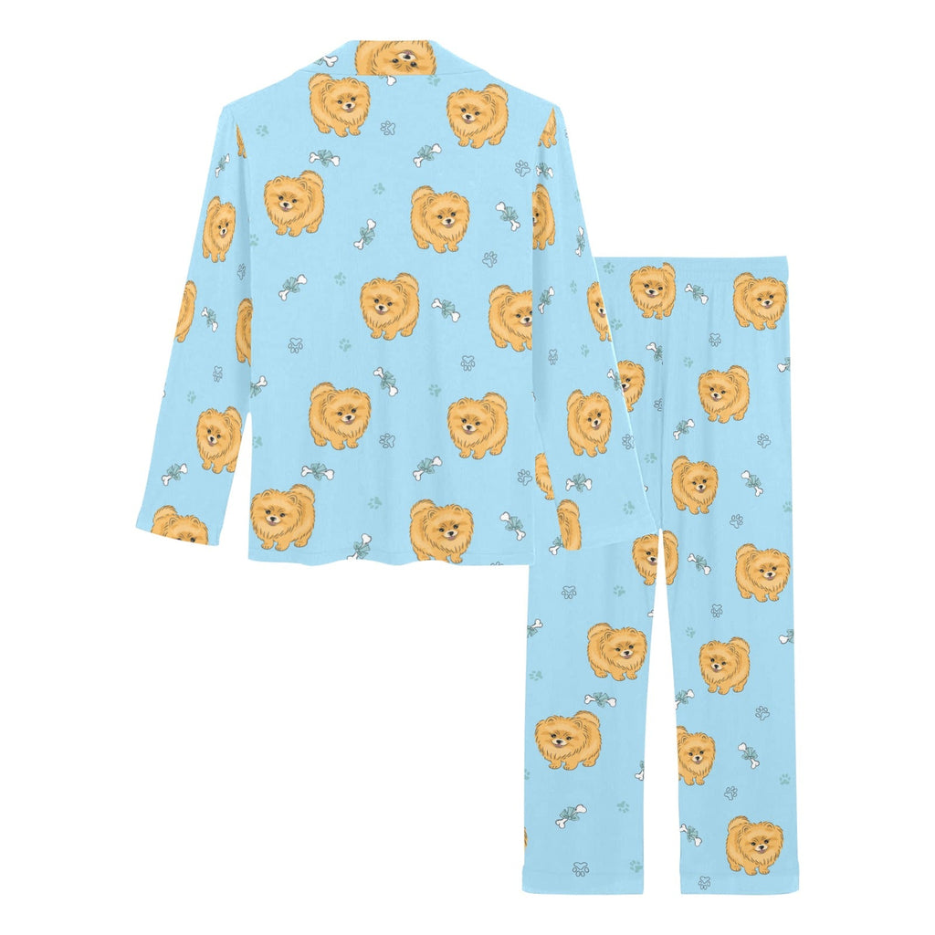 Brown cute pomeranian blue blackground Women's Long Pajama Set