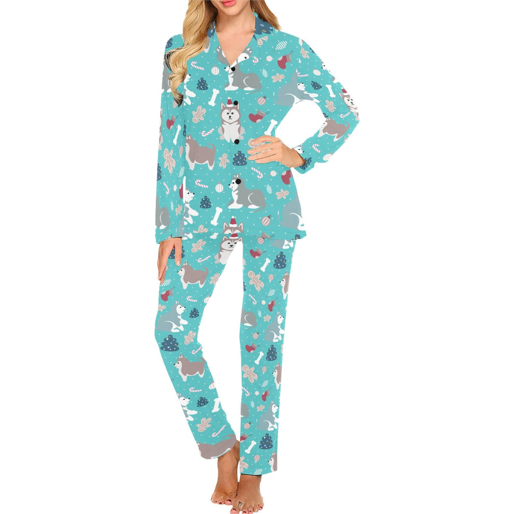 Christmas cute siberian husky puppie pattern Women's Long Pajama Set