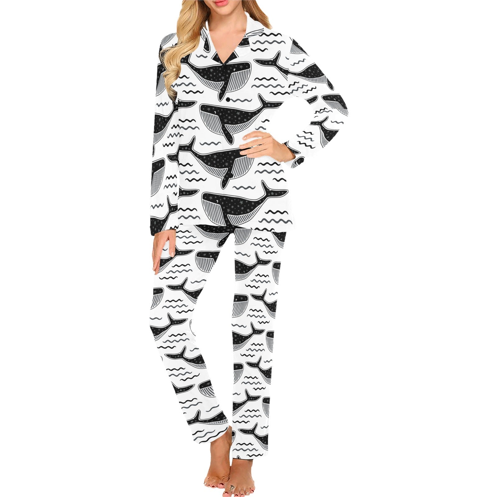 Black whale pattern Women's Long Pajama Set