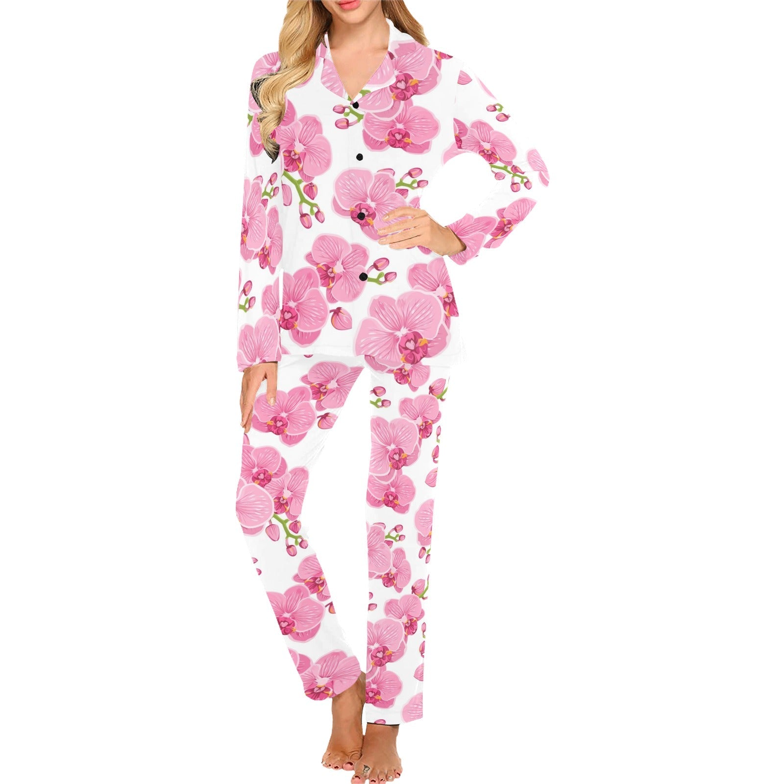 pink purple orchid pattern background Women's Long Pajama Set