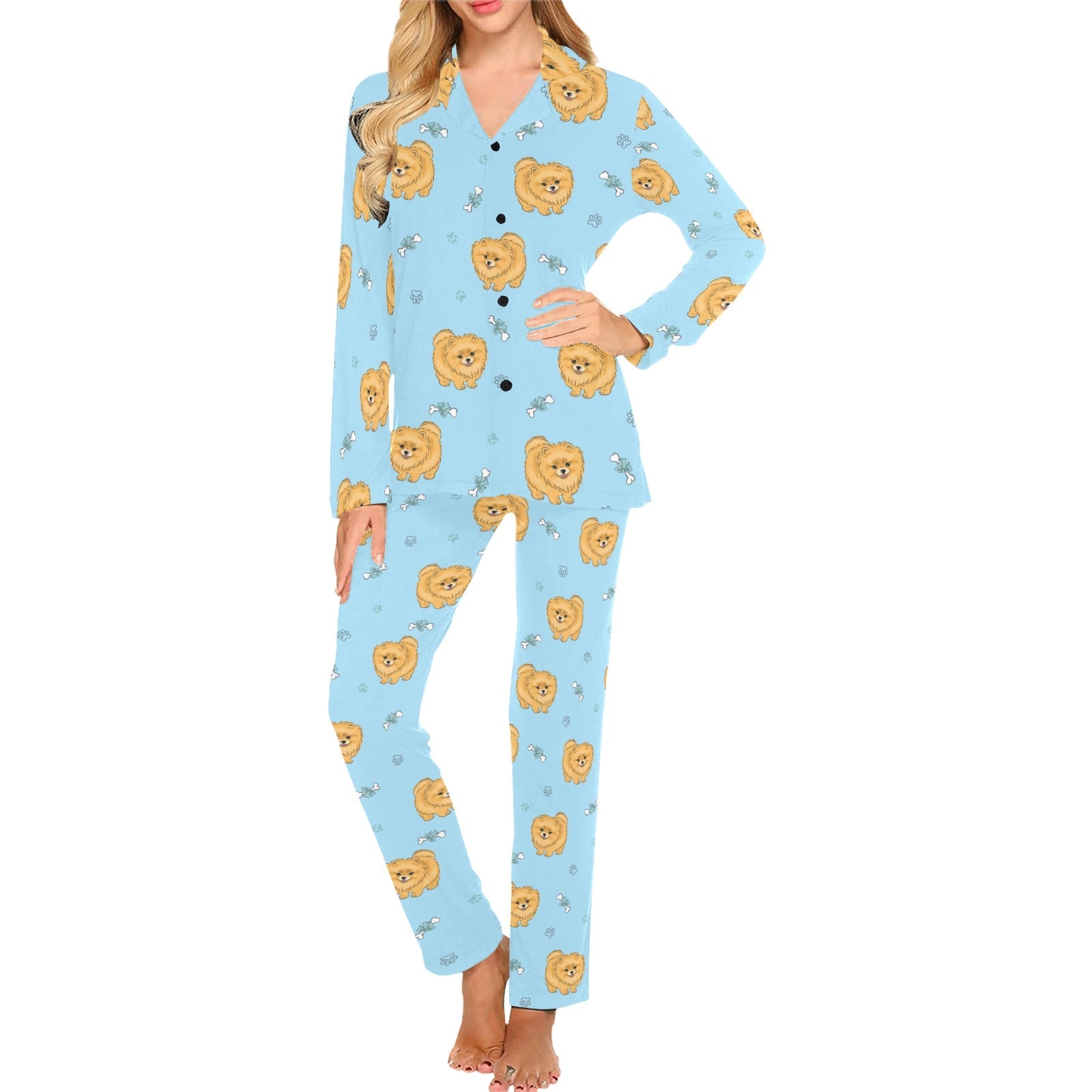 Brown cute pomeranian blue blackground Women's Long Pajama Set