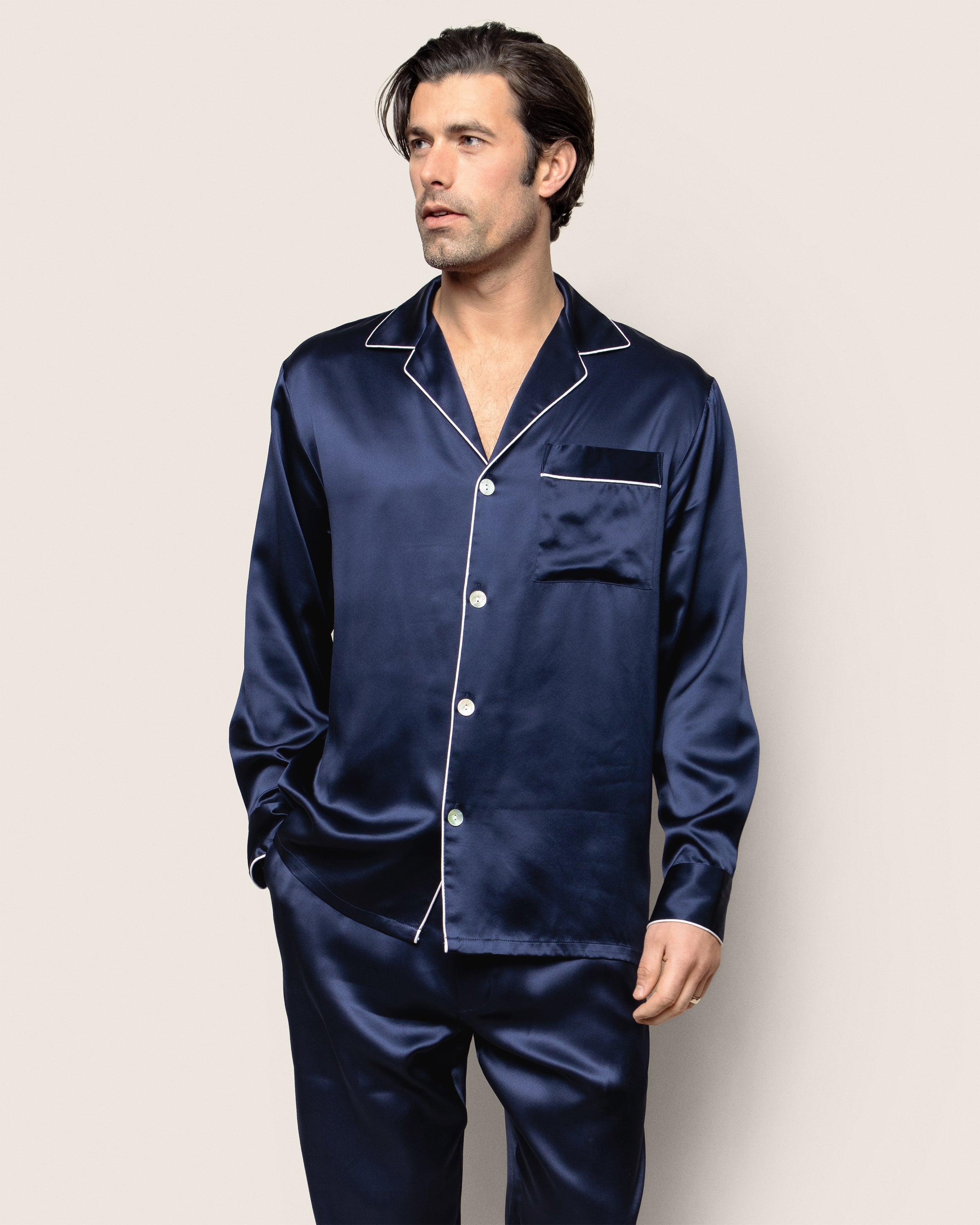 Men's Silk Pajama Set in Navy