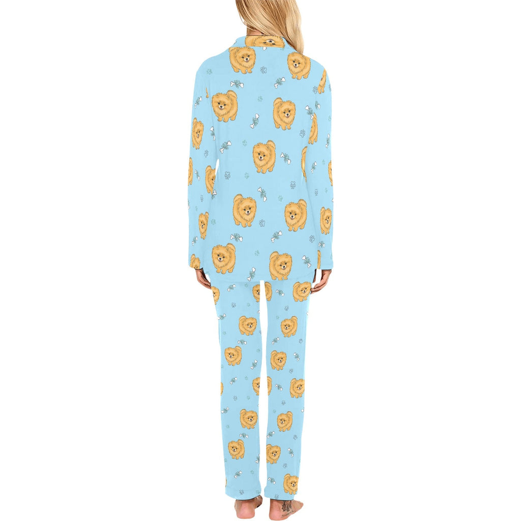 Brown cute pomeranian blue blackground Women's Long Pajama Set