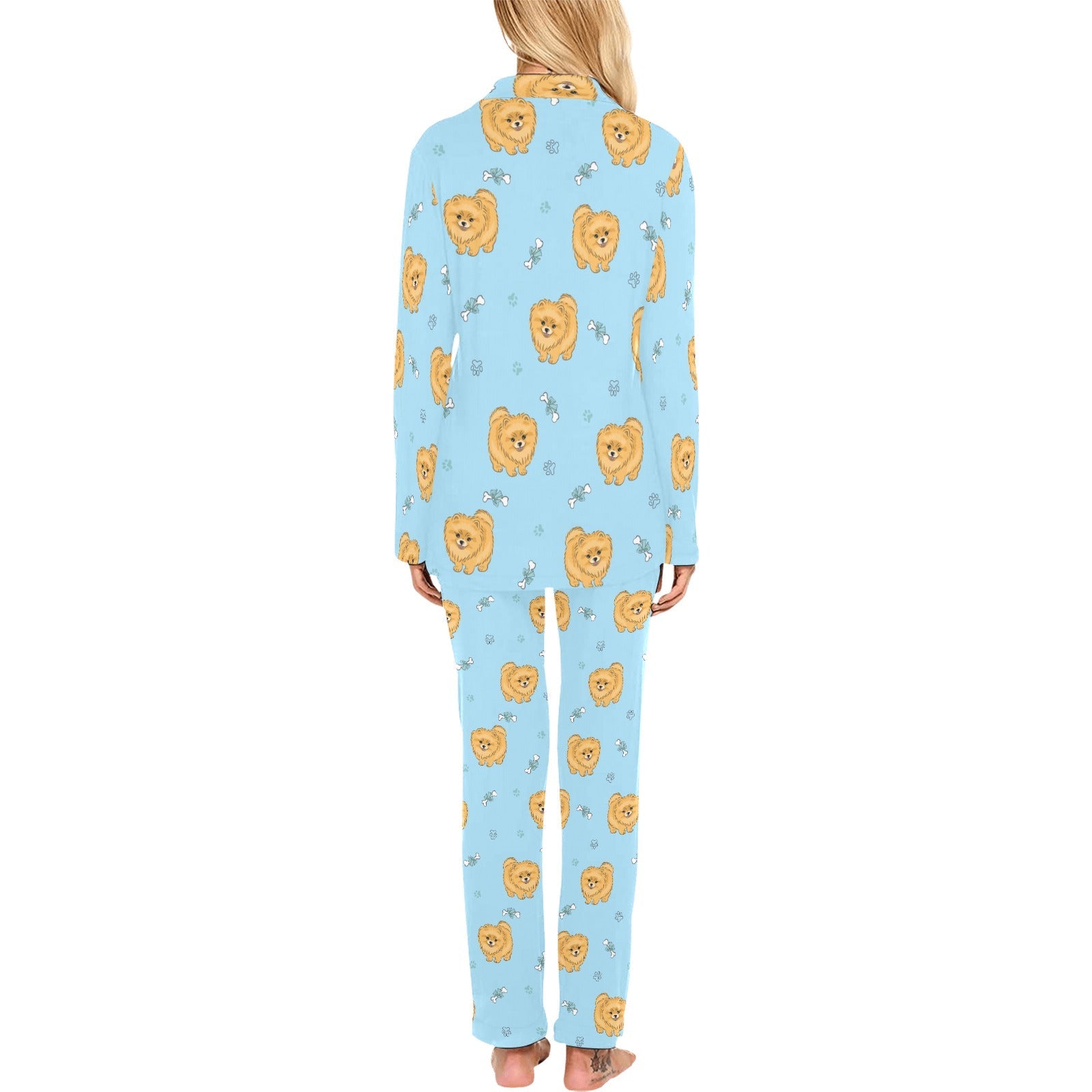 Brown cute pomeranian blue blackground Women's Long Pajama Set