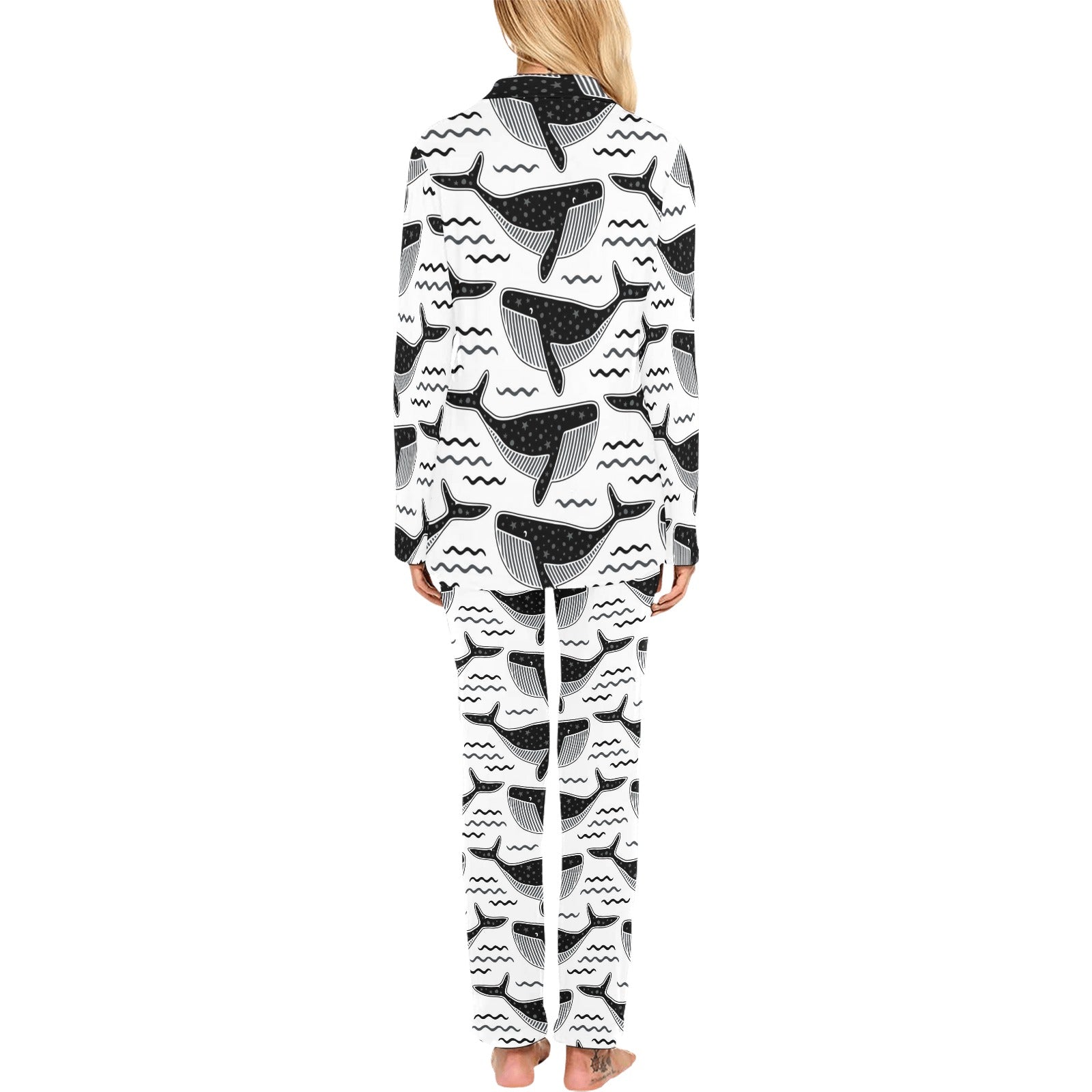 Black whale pattern Women's Long Pajama Set