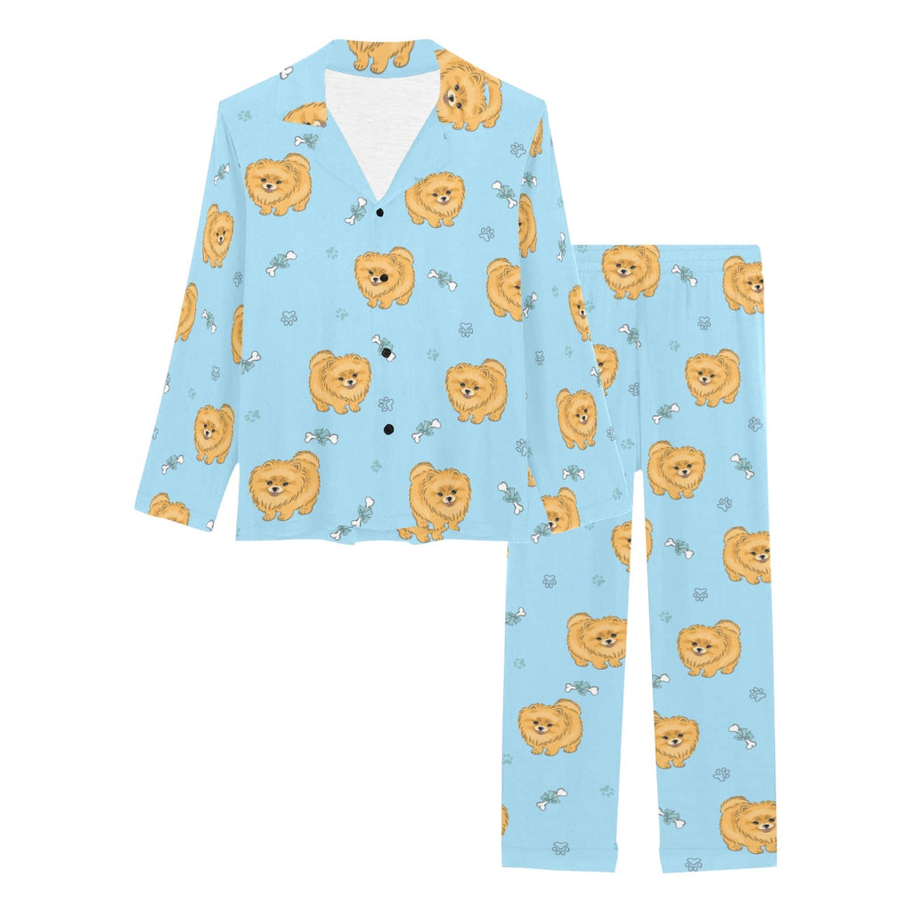 Brown cute pomeranian blue blackground Women's Long Pajama Set
