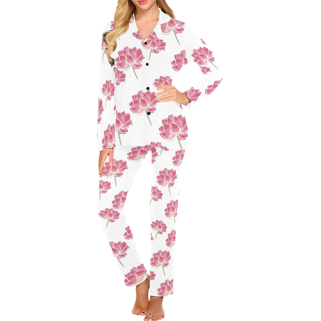 Pink lotus waterlily pattern Women's Long Pajama Set